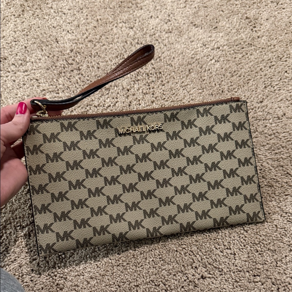 Michael Kors Beige and Brown Logo Wristlet